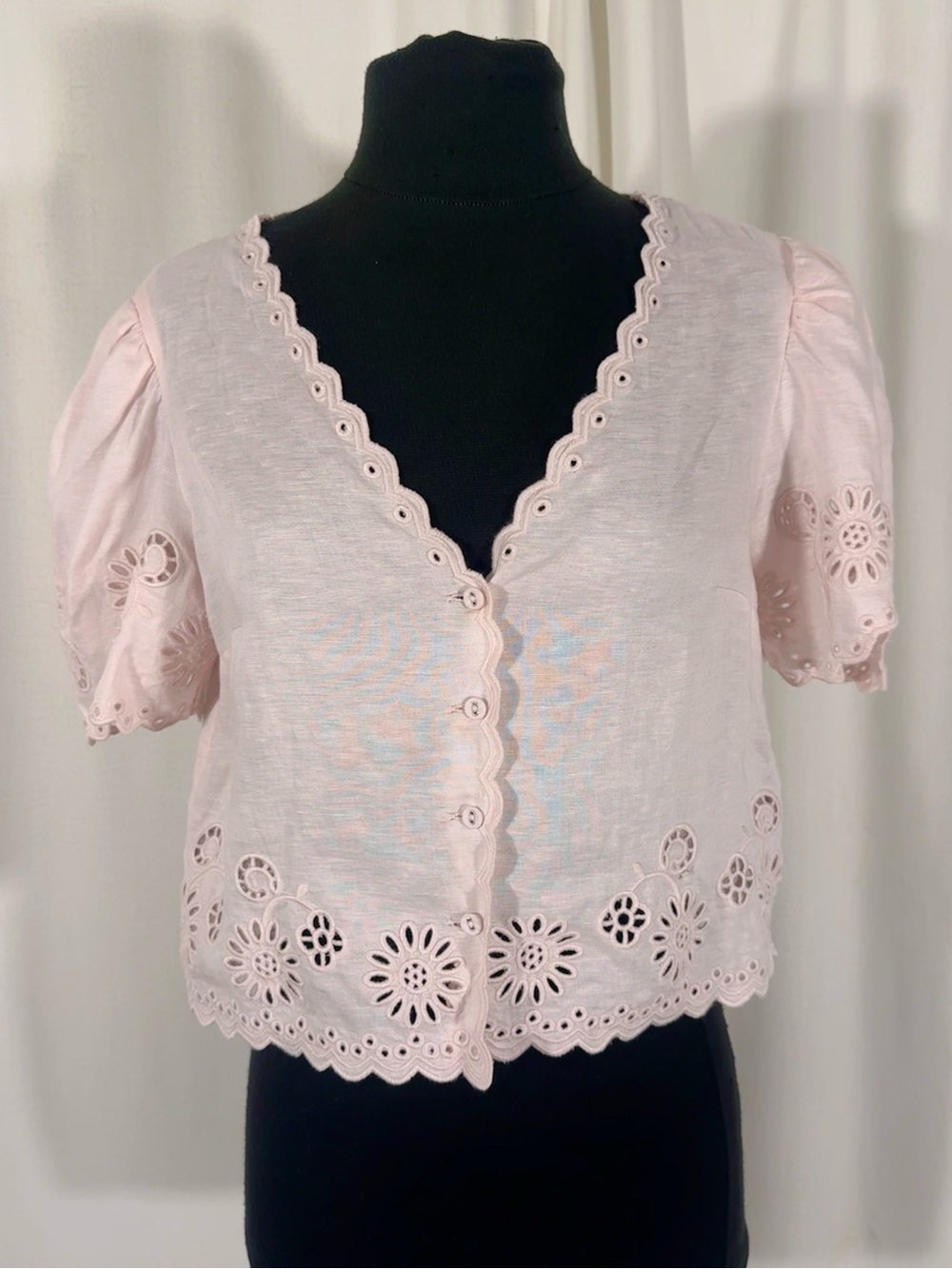 Elie Tahari Baby Pink Eyelet Linen Blend Top